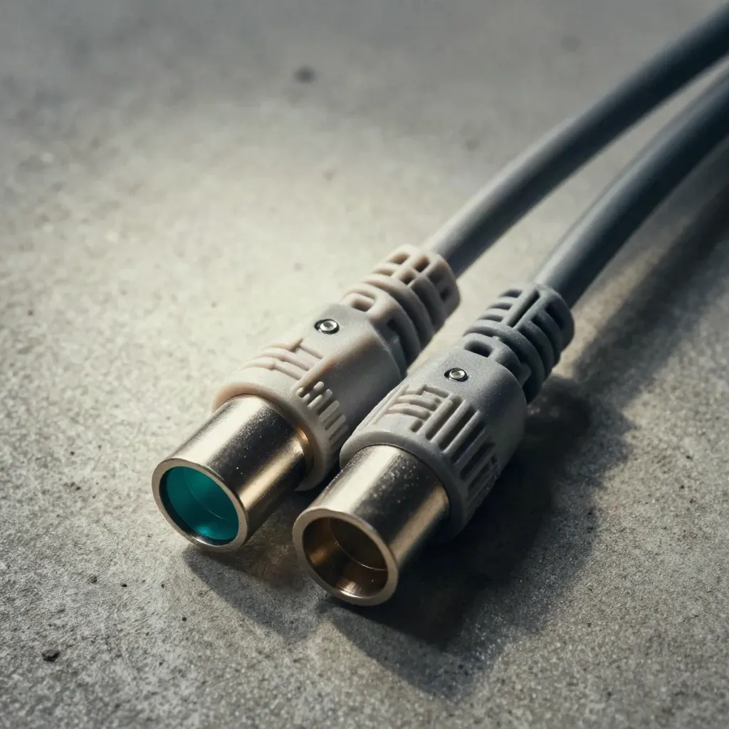 Macro weatherproof connector pair on brushed concrete with teal accent and sharp textures