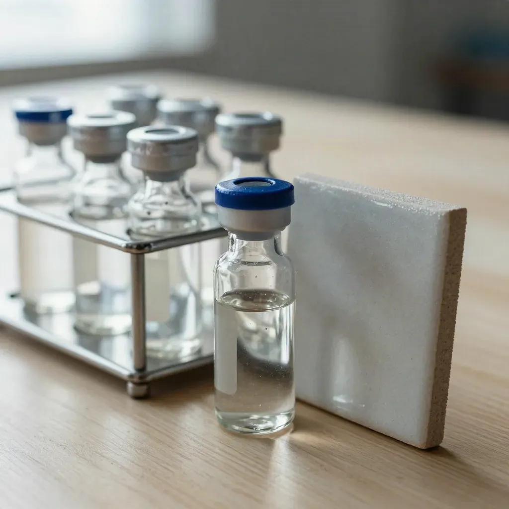 Glass vials in a metal rack beside a ceramic tile on pale oak, lit with cool studio light.