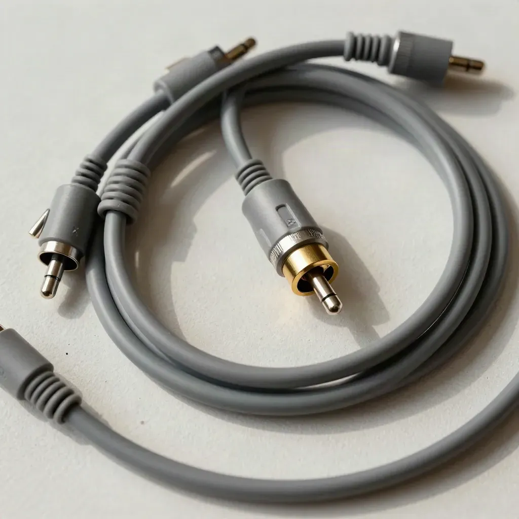 Top-down still life of audio patch cables, XLR barrels, and a brass patchbay insert on pale plaster.