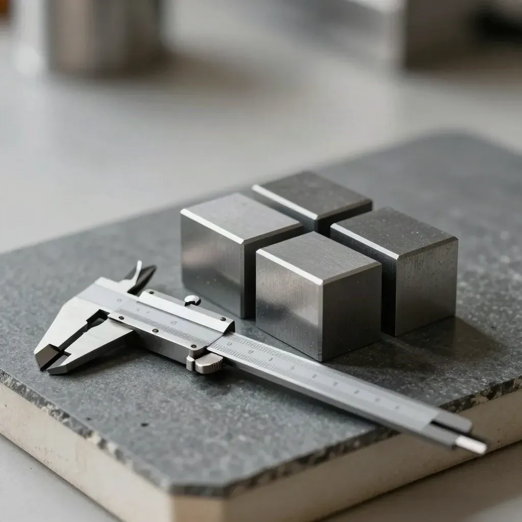 Precision caliper, gauge blocks and aluminum fixture on graphite stone, dramatic studio still life