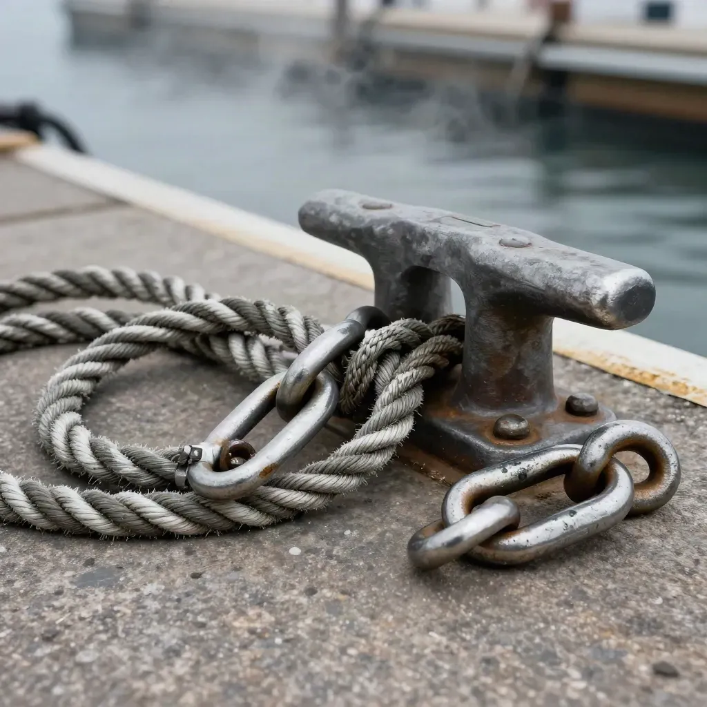 Marine shackles, braided rope, and a dock cleat on stone in moody studio light.