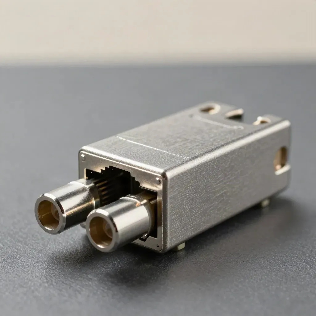 Macro of an optical transceiver module beside two LC fiber ends and a dust cap on a graphite surface.