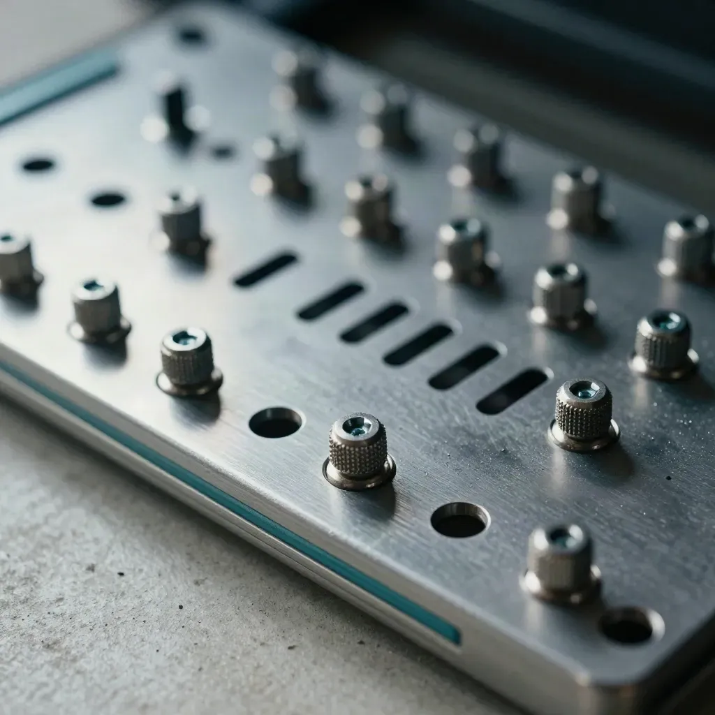Top-down macro of server rail brackets, thumb screws, and a vented metal plate on pale concrete.
