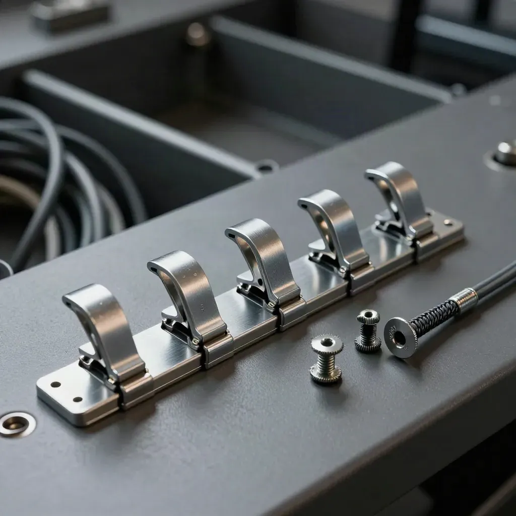 Brushed metal cable clips and channel on a graphite workbench in dramatic studio light
