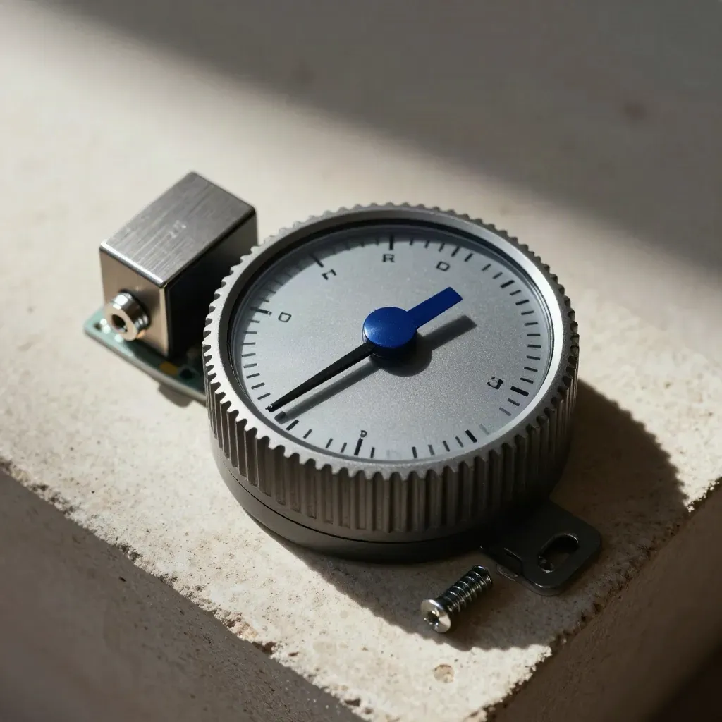 Industrial timer dial beside a sealed relay module on pale stone, overhead macro