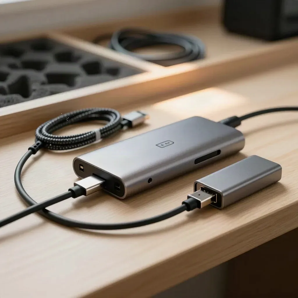 Macro still life of a USB-C hub, braided cable, SSD case and ethernet adapter on a pale oak bench.
