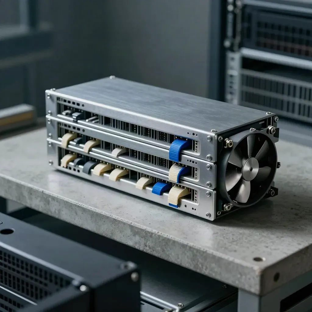Server rail brackets, fan module, and cable ties lined up on a staging bench.