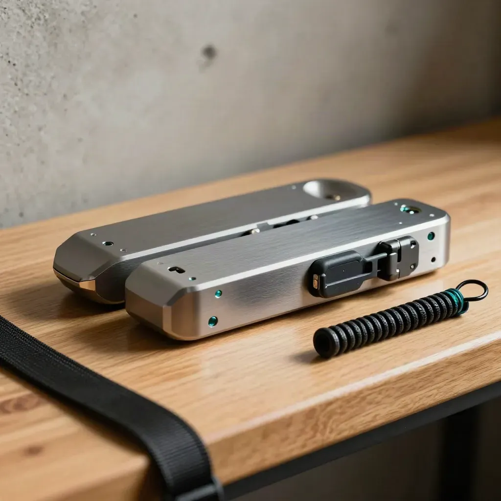 Encrypted drive sleds, transit latch, and grounding strap on a warm wood bench.