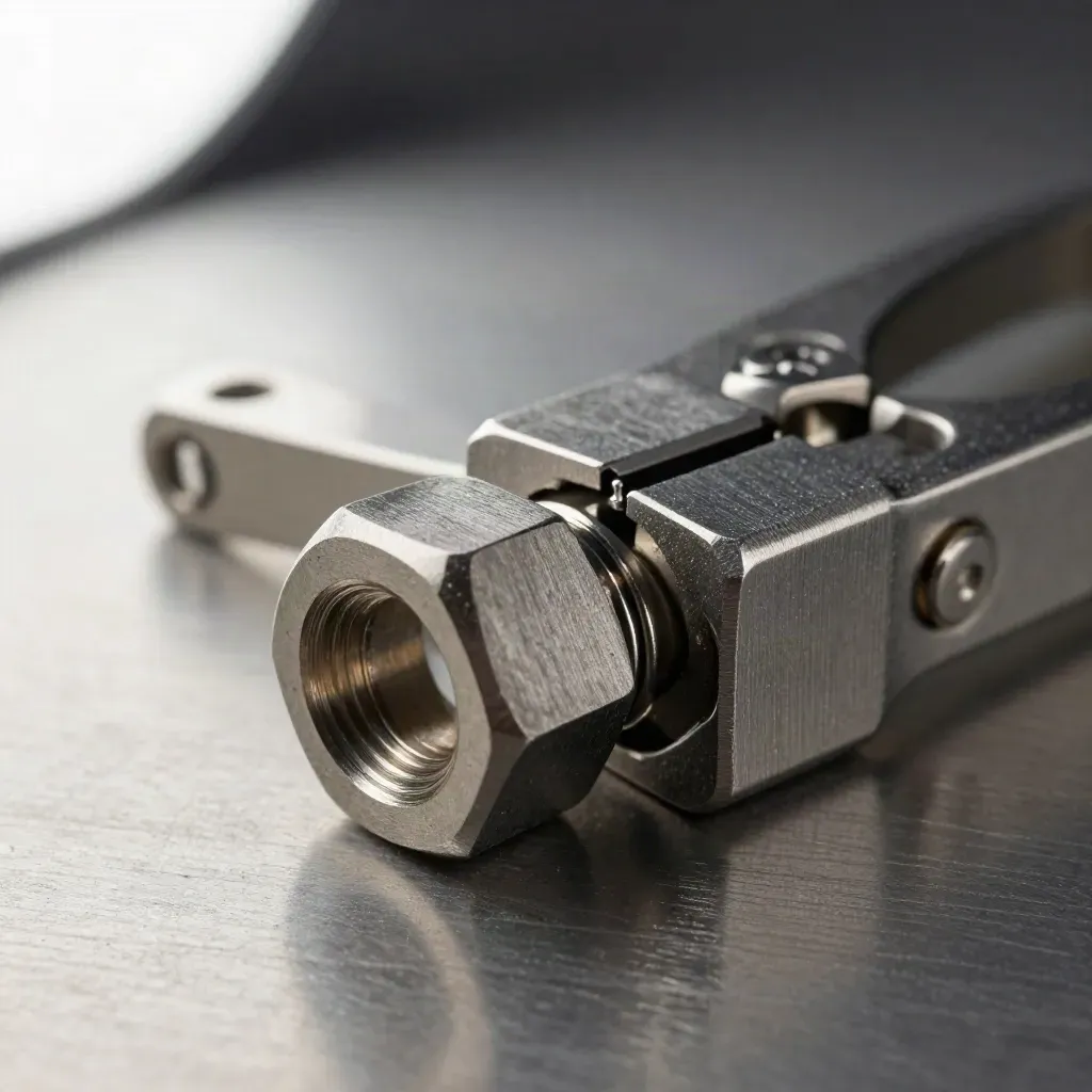 Extreme macro of metal clamp hardware closing around a hex coupling on brushed steel.