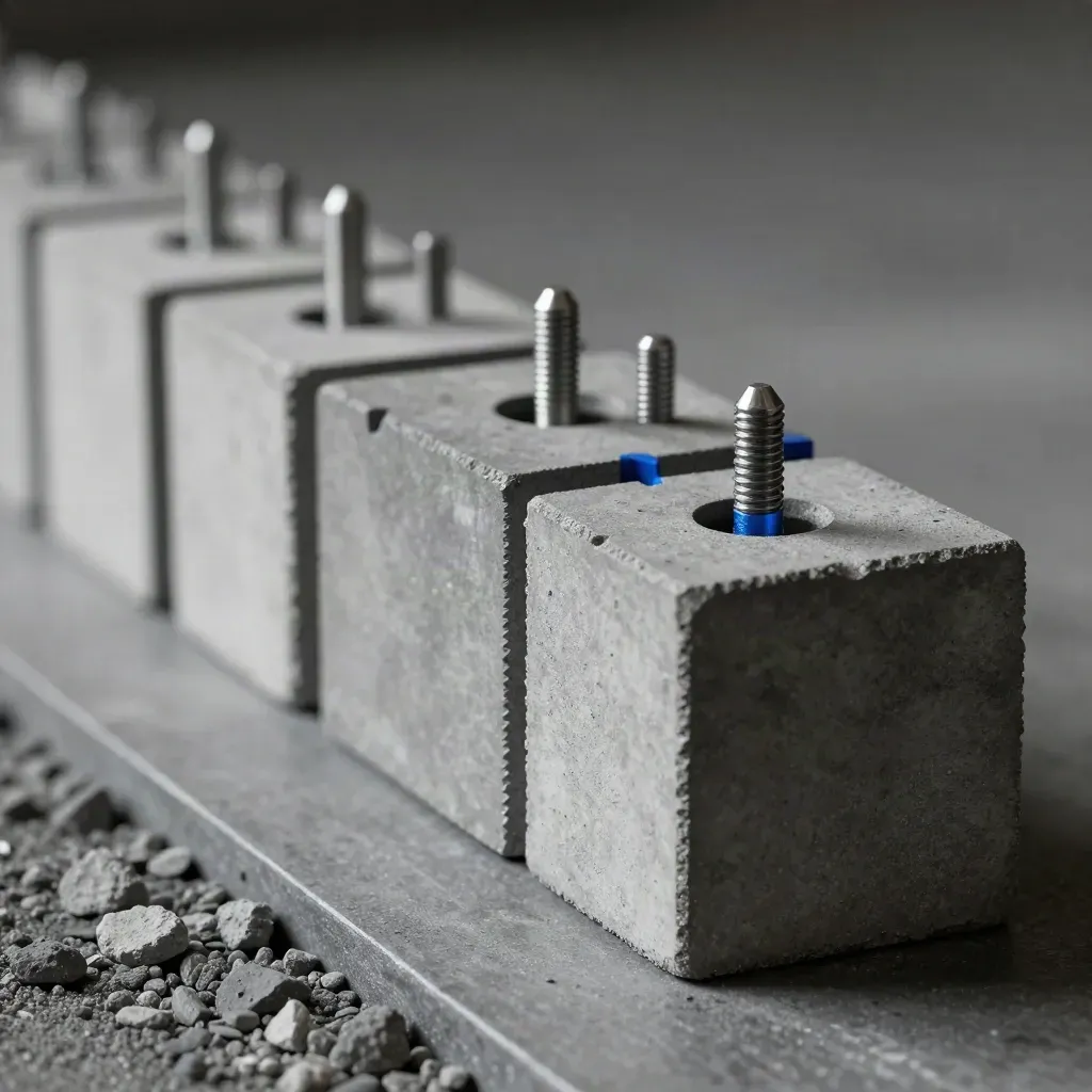 Graphite modular blocks and alignment pins in a diagonal closeup on concrete
