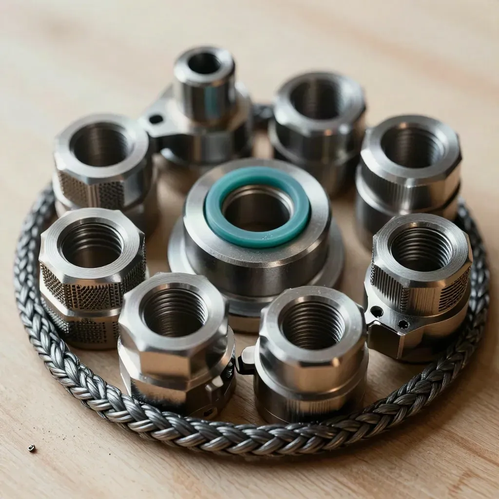 Overhead of clamp assembly, braided conduit and connector collars on pale wood with soft shadows.