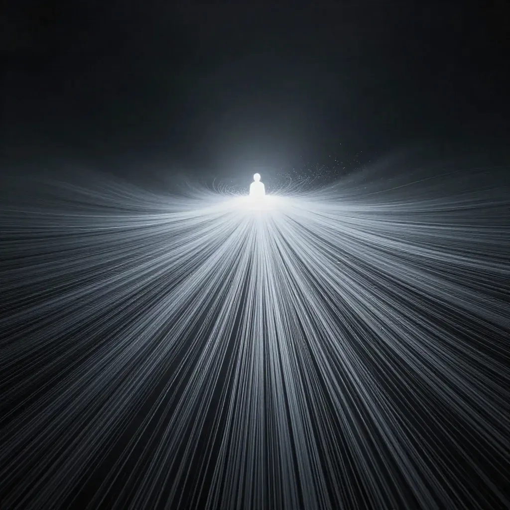Silver filaments converge into a soft white bloom in dark graphite haze.